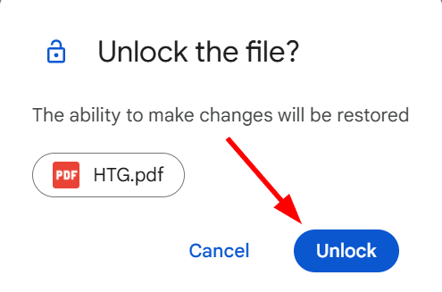 A confirmation message to unlock the file.