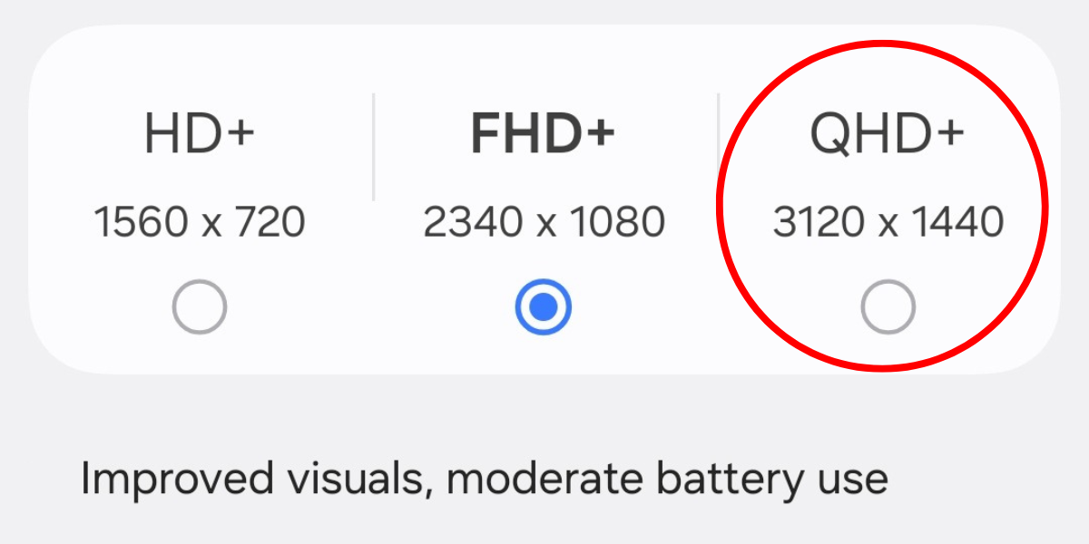 Screenshot of the screen resolution toggle in the Display settings menu on the Galaxy S25.