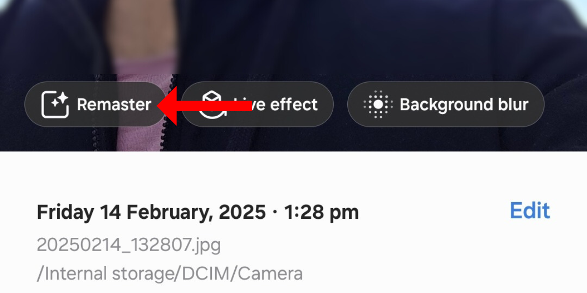 Screenshot of the Remaster feature in the Gallery app of the Galaxy S25.