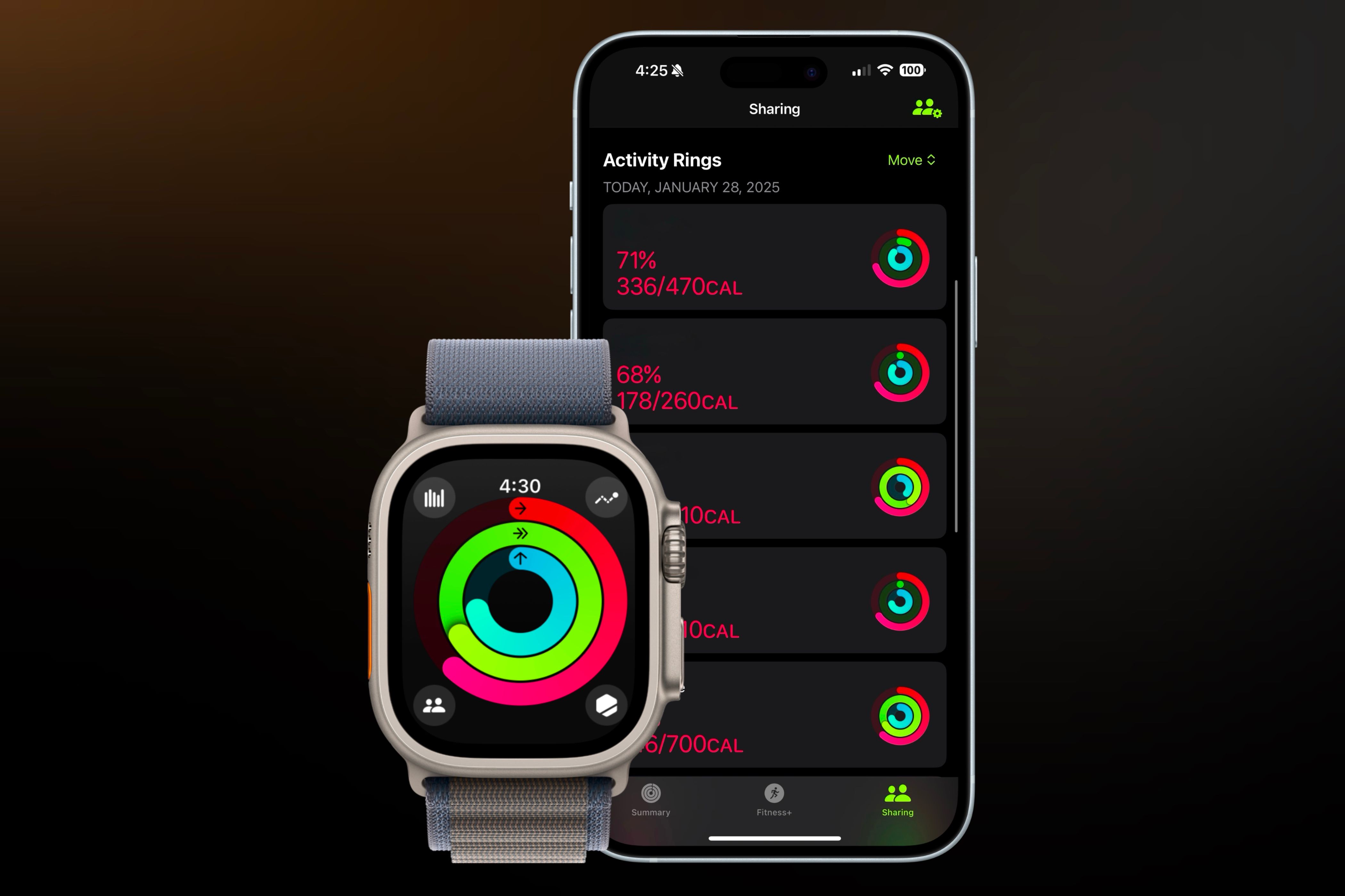 An Apple Watch and iPhone showing the Fitness app in front of a dark background.