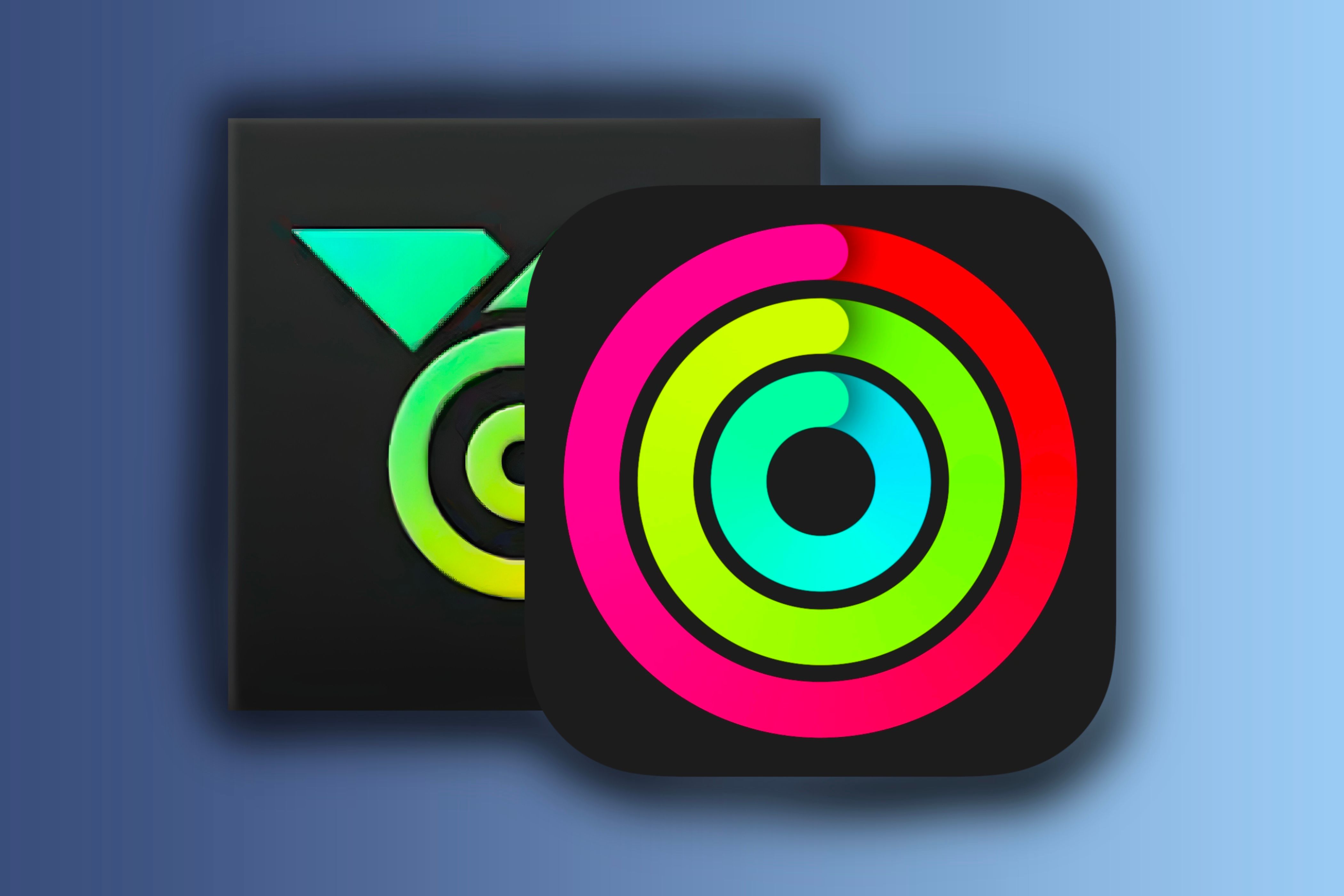 The icons for the Apple Fitness app and the Challenges app in front of a colorful background.