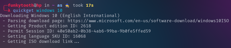 Using the quickget command to download a Windows 10 image.