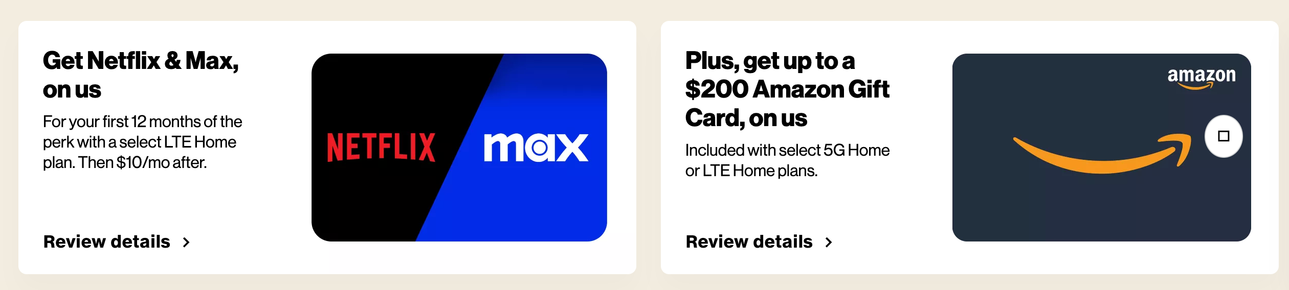 Verizon deals offering Netflix, Max, and Amazon Gift Card with their plans.