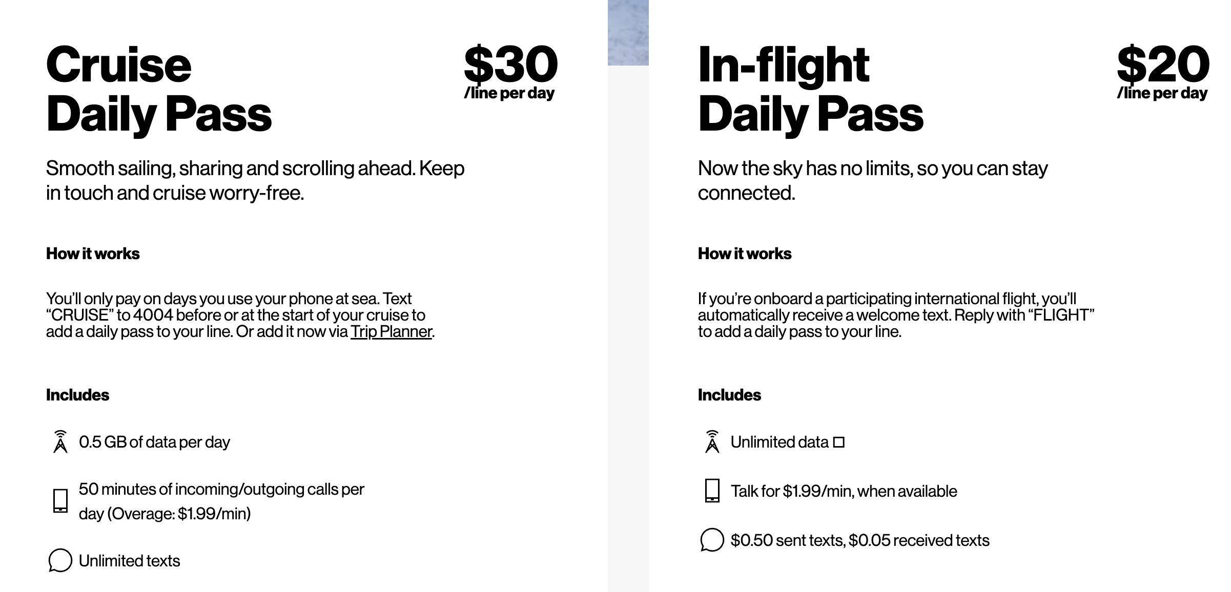 Verizon's cruise and in-flight plans.