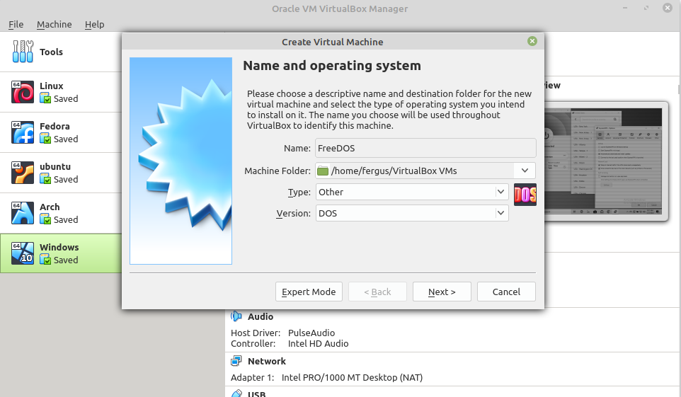 FreeDOS options in VirtualBox.