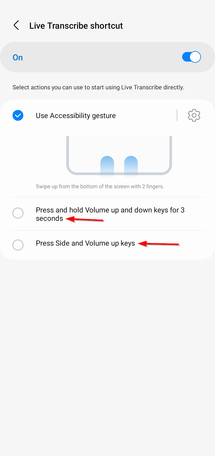 Live Transcribe activation options for using either both volume keys or the side button and volume up key together for quick access.