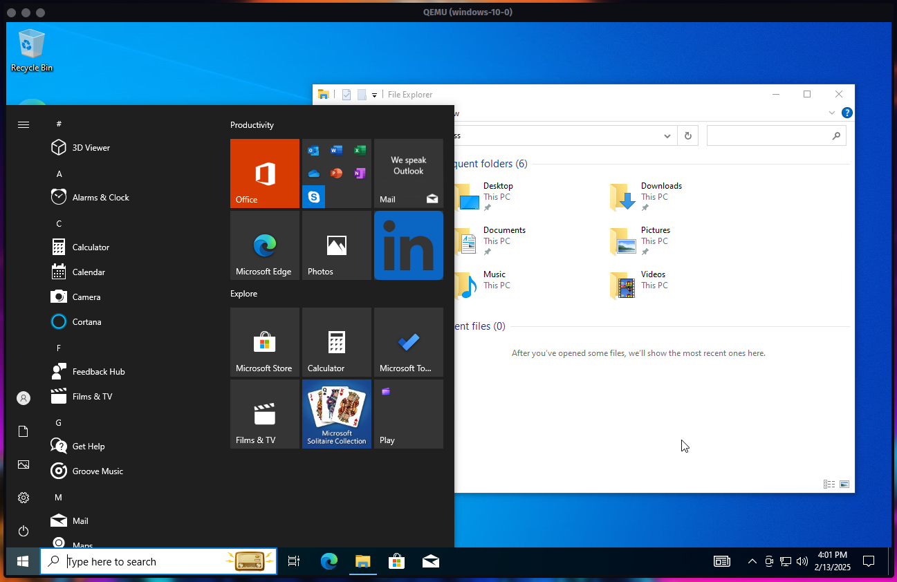 Windows 10 desktop in a QEMU window.
