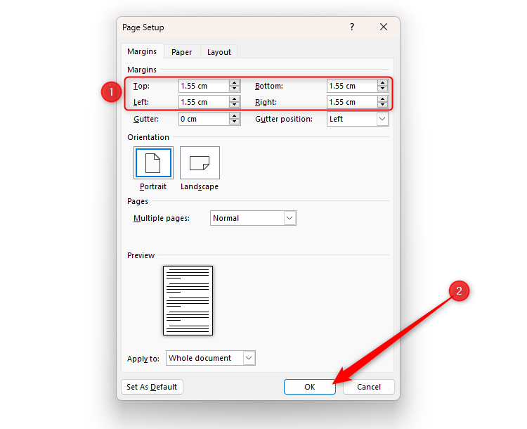 Word's Page Setup dialog box, with the margins set to 1.55 cm at the top, bottom, left, and right of the page.