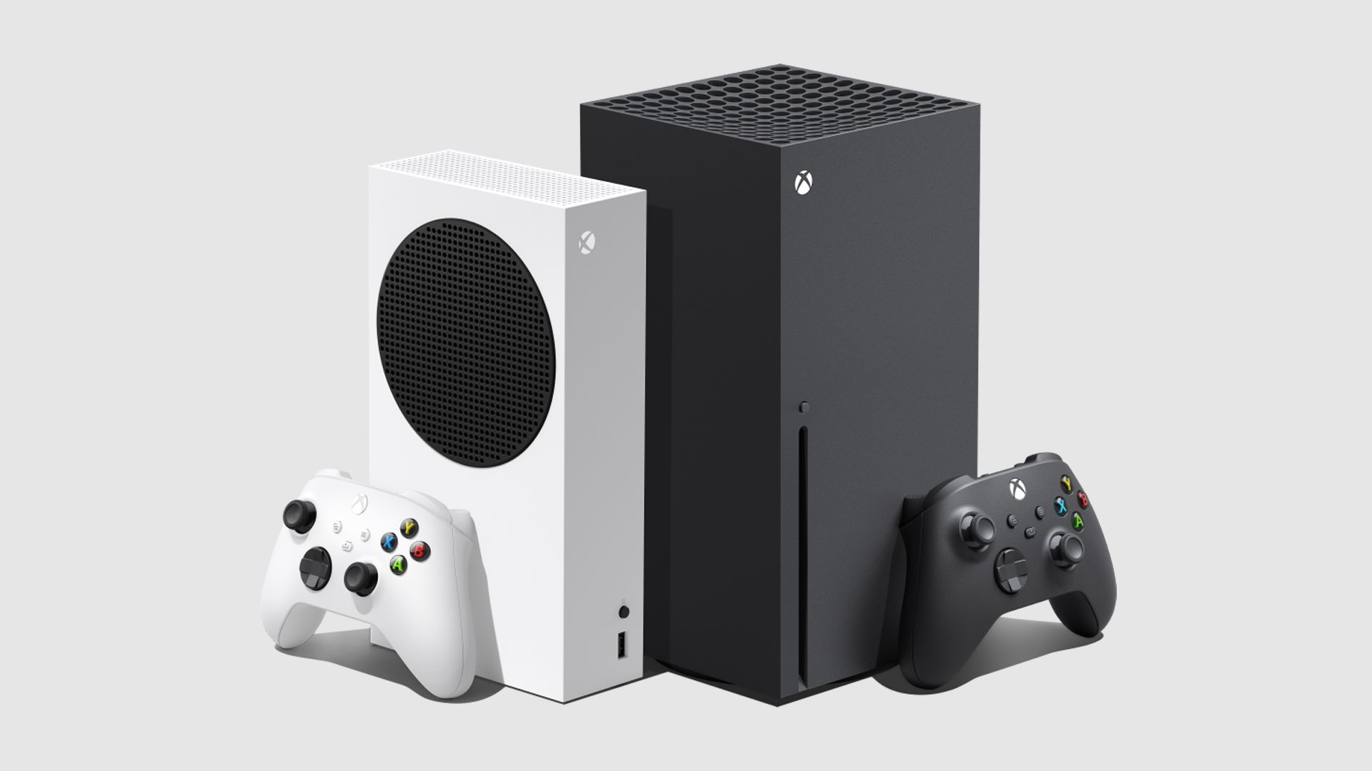 An Xbox Series X console placed next to an Xbox Series S on a plain background.