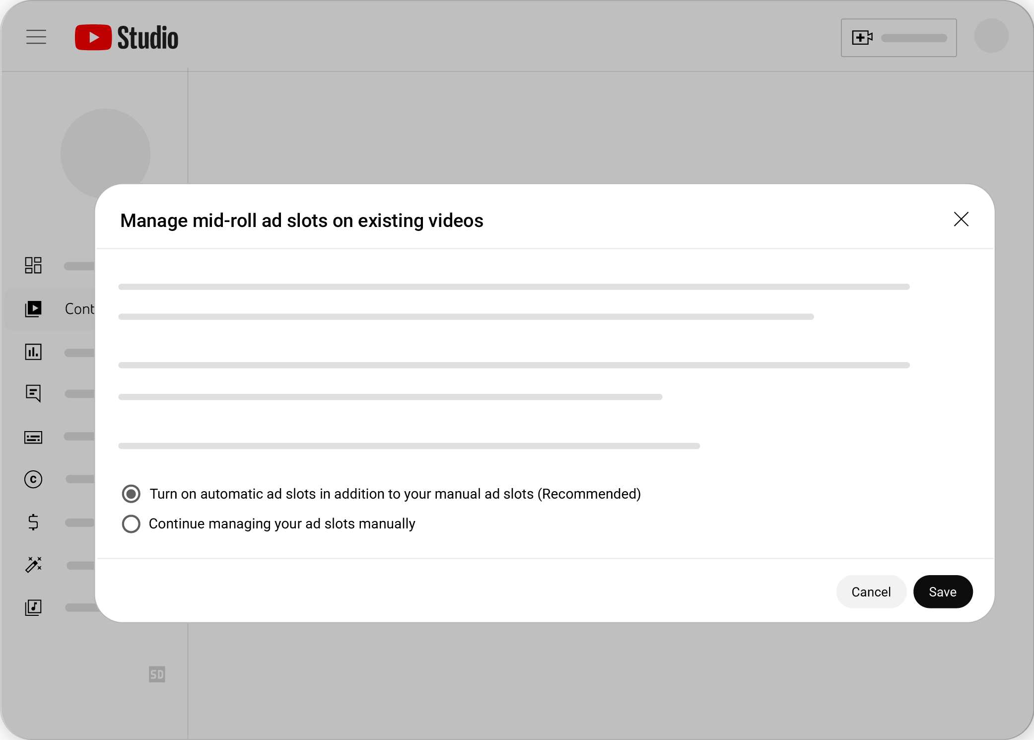 Managing automatic mid-roll ad insertion in YouTube Studio.