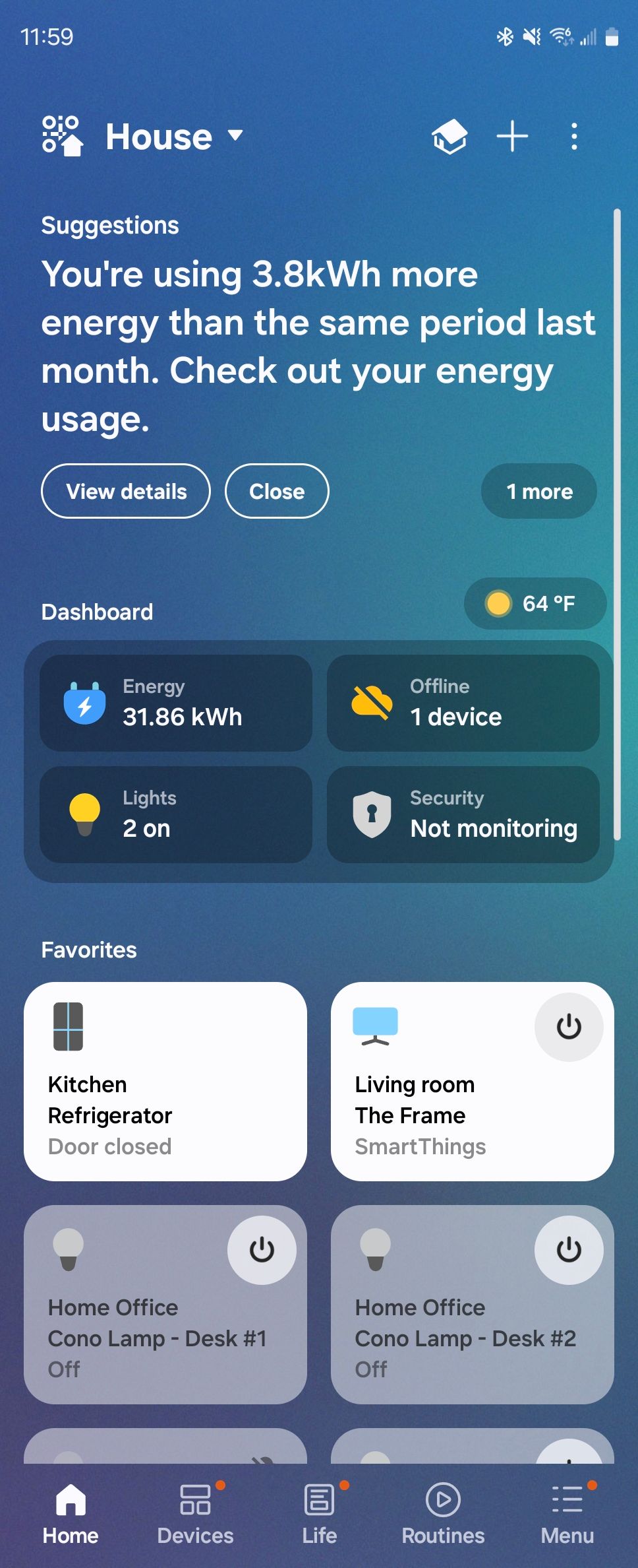 Статистика Samsung SmartThings в приложении Android.