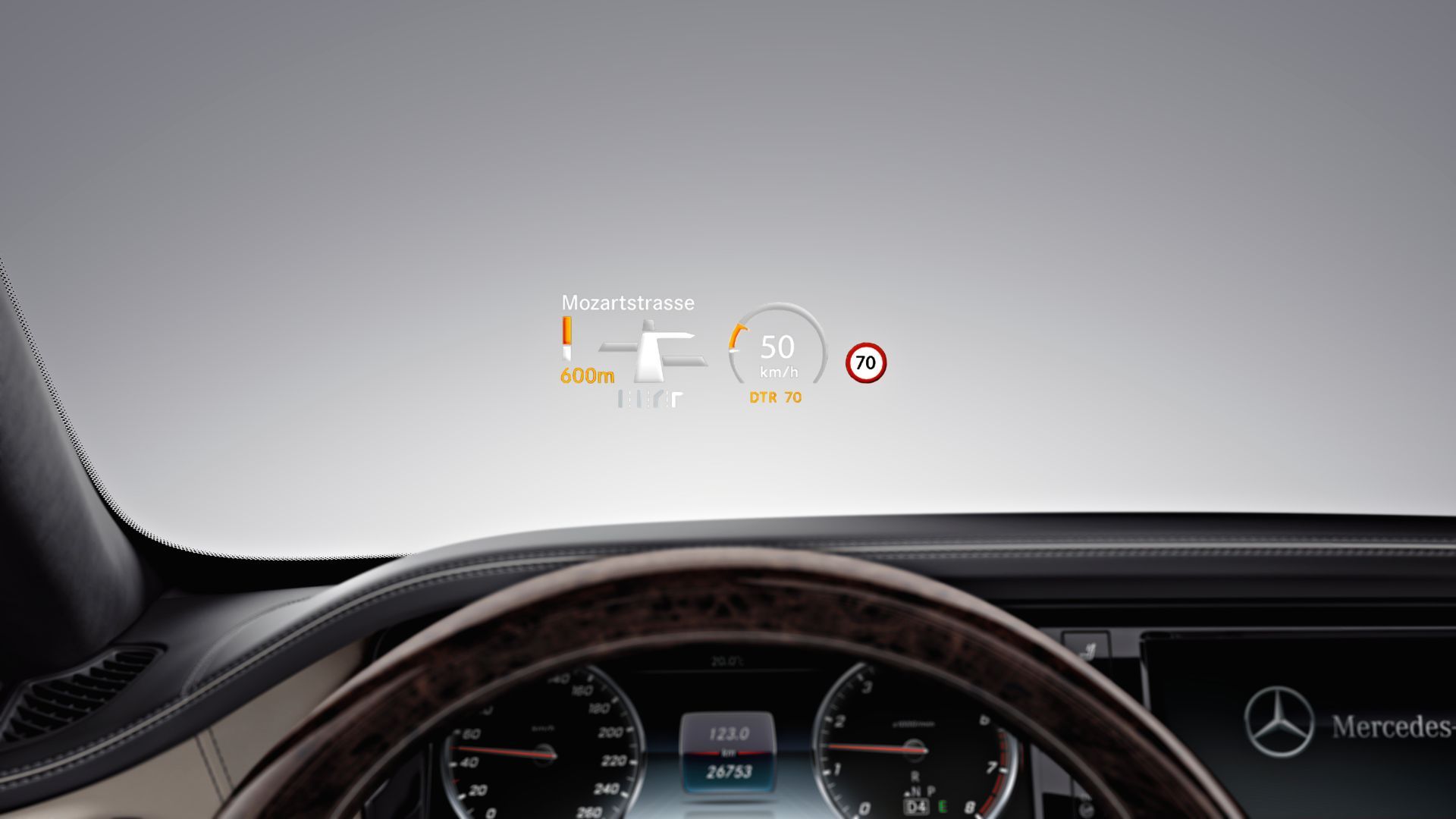 Close up of the head-up display in a Mercedes-Benz S-Class.