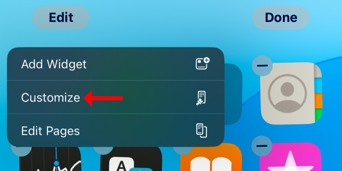 Screenshot of the customize button in the edit mode on the iPhone.
