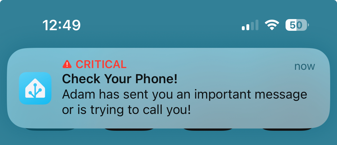 A critical alert on an iPhone telling the recipient that someone is trying to call or message them.