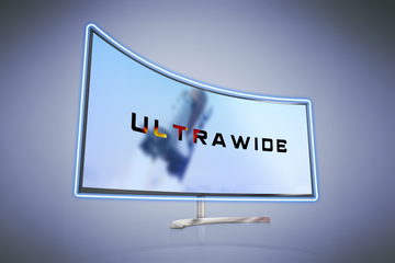 A curved ultrawide screen against a gradient background.