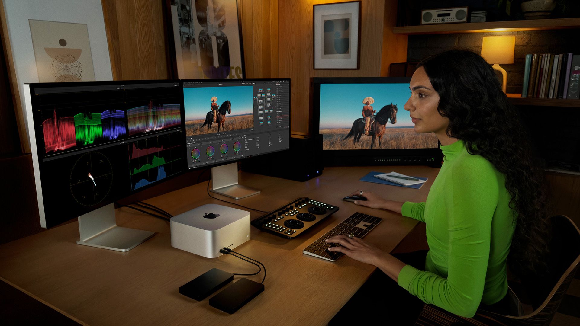 A person with two monitors, editing video on a Mac Studio.