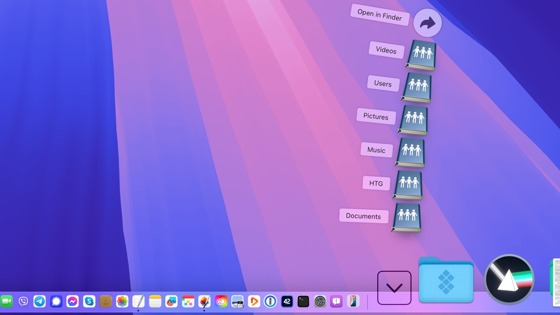 macOS Dock with a folder on the right side open, with six network volume icons fanned out.