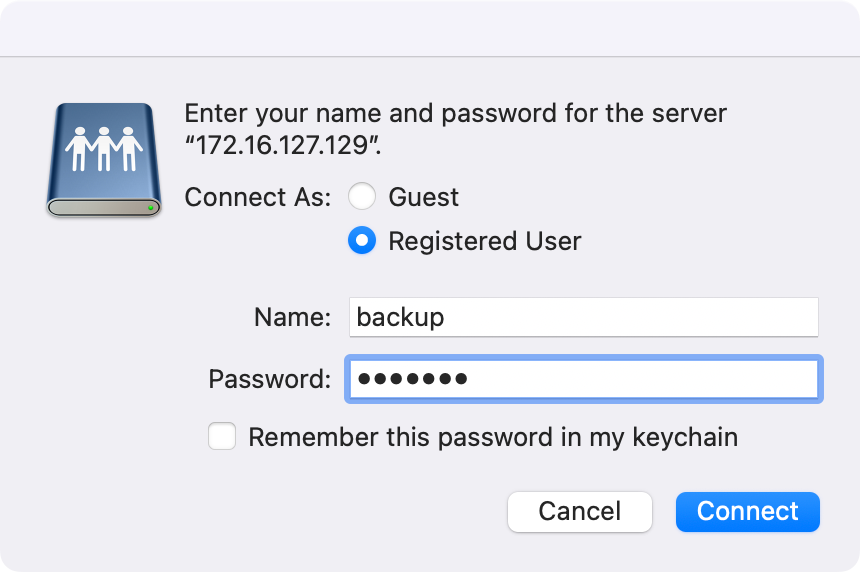 Entering login information in the Finder's Connect to Server window in macOS.