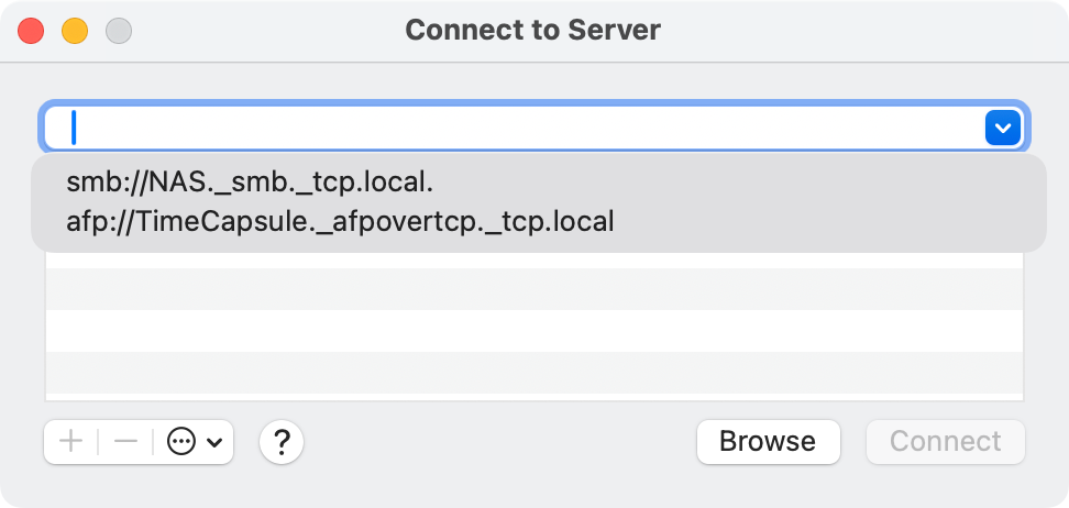 The Connect to Server window on macOS Sequoia showing the history of previous connections.