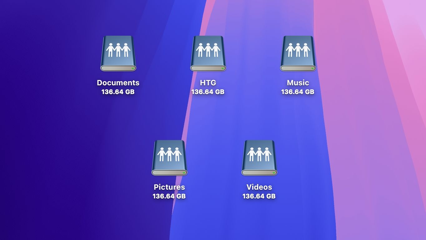 Five icons of mounted network volumes on the macOS desktop.