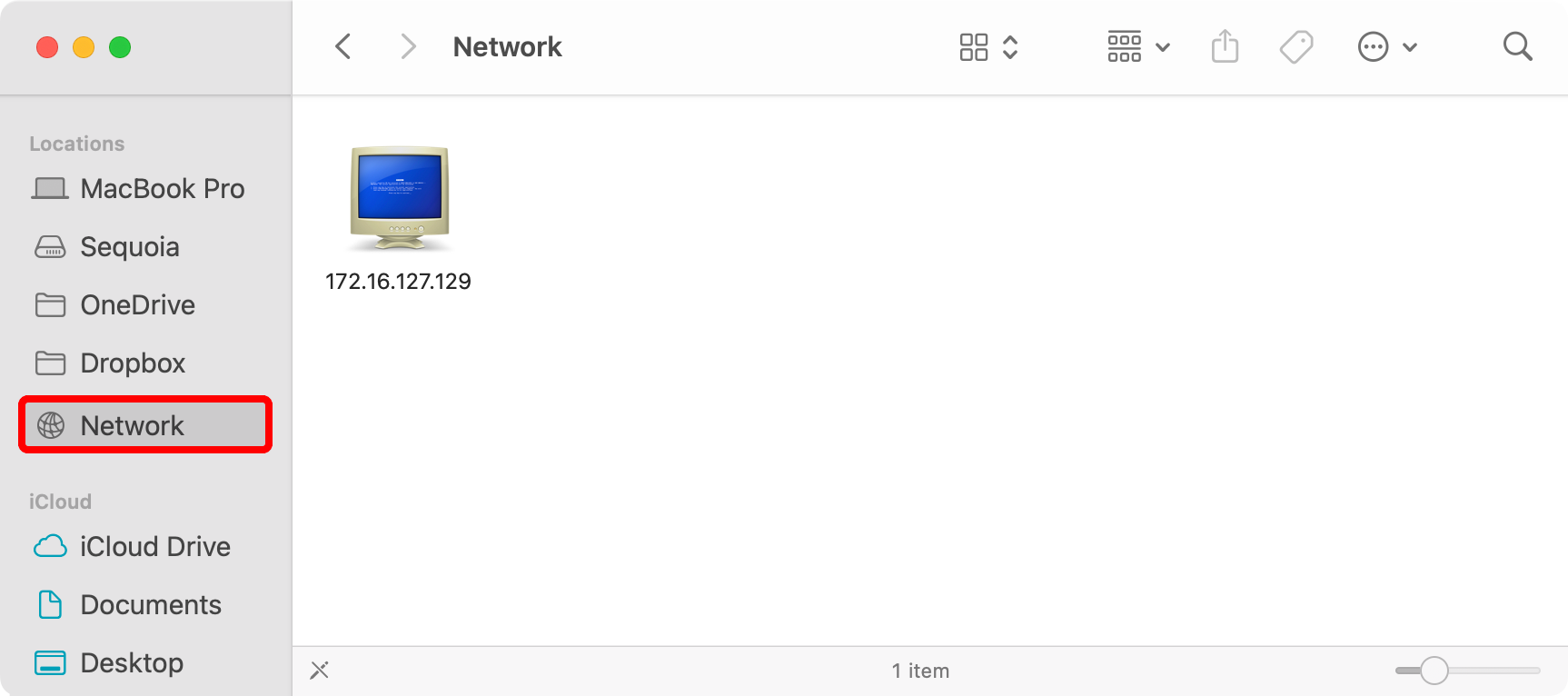 macOS Finder with an annotated network share selected in the sidebar.