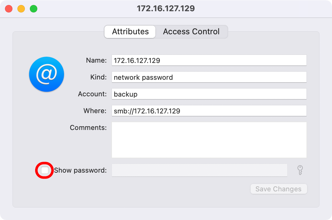 macOS Keychain Access showing information for a saved network password, with the Show Password box annotated.