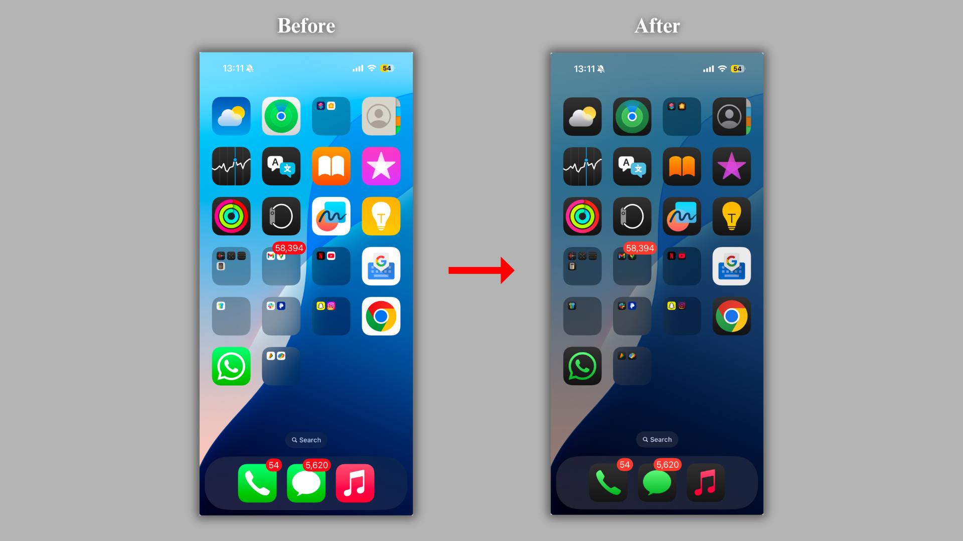 Screenshot of an iPhone's home screen before and after enabling the hidden dark mode settings. 