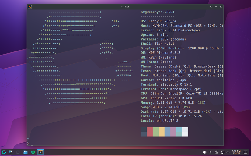 CachyOS desktop with KDE Plasma and an Alacritty terminal window open.