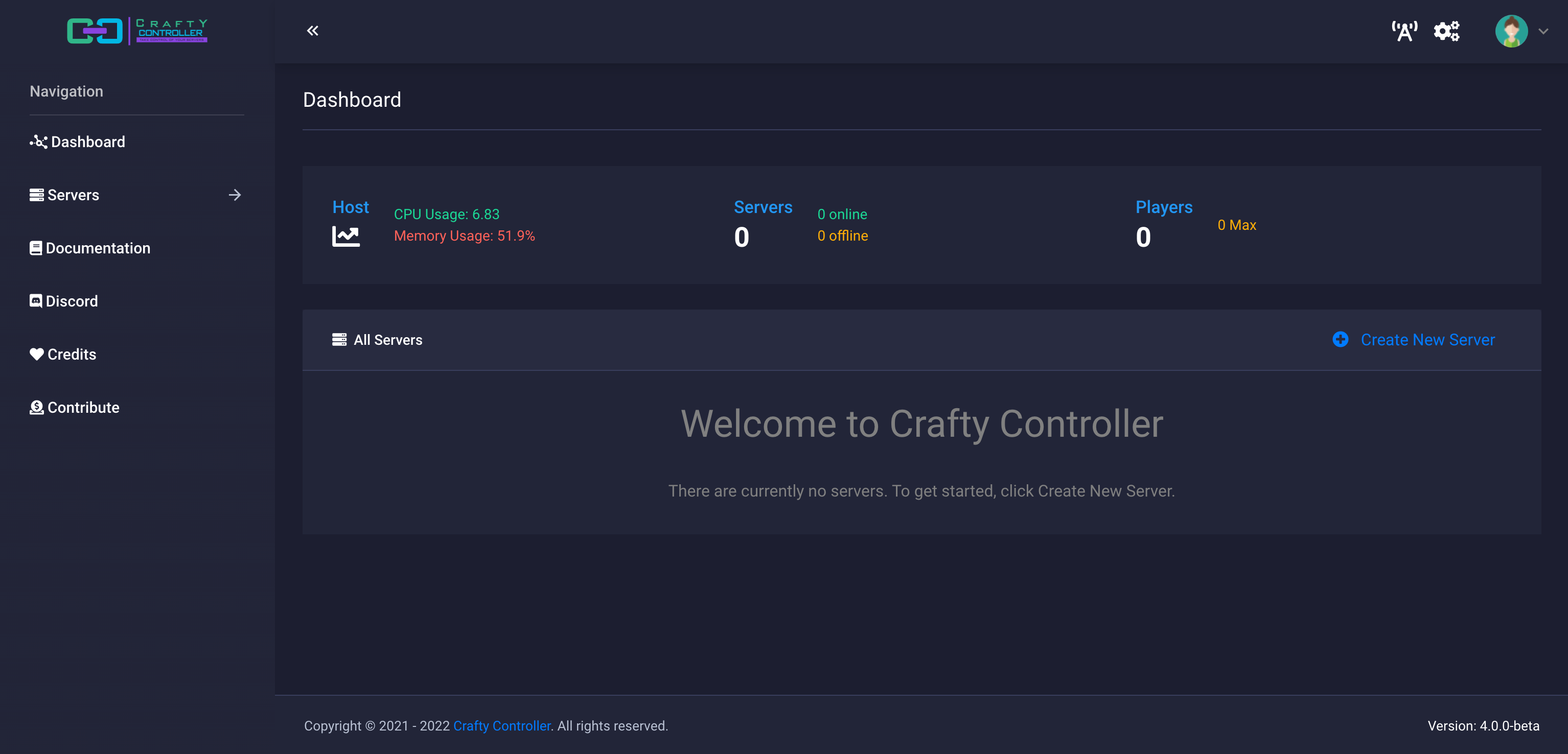 The dashboard for Crafty Controller 4, a Minecraft server manager.