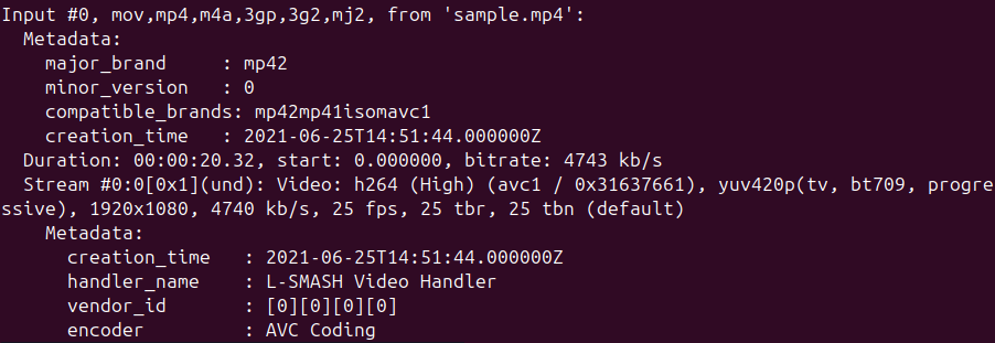 Displaying video information using FFmpeg in the terminal.