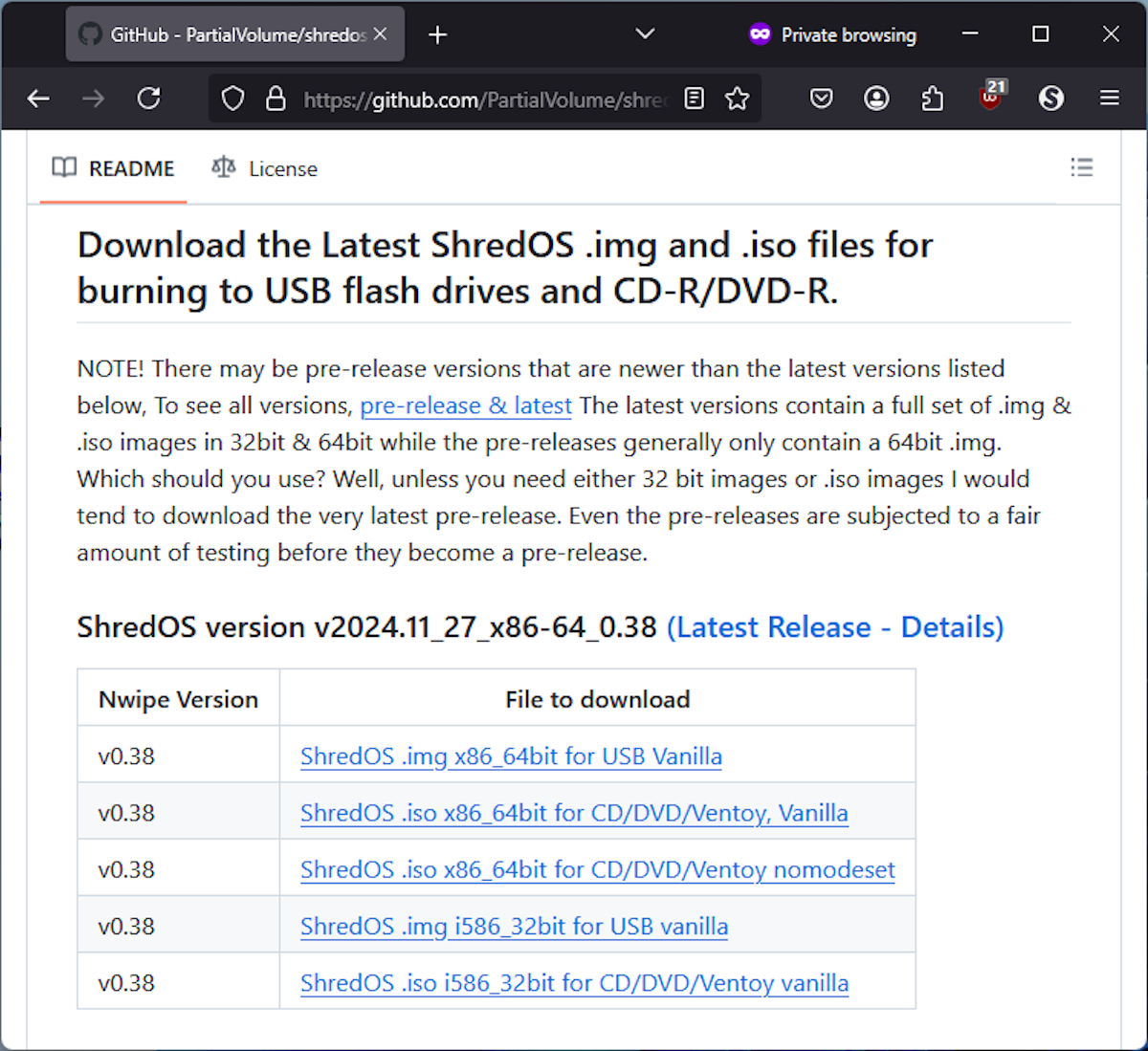 Downloading the latest ShredOS from GitHub.