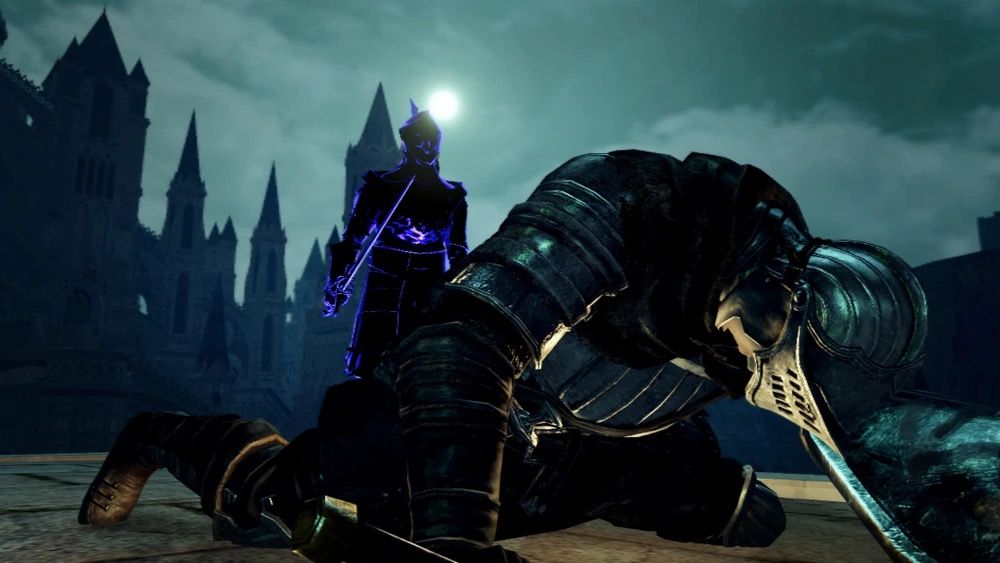 Dark Souls promotional image with Anor Londo in the background.