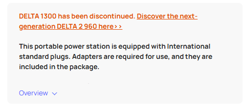 Ecoflow Delta 1300 discontinued notice.