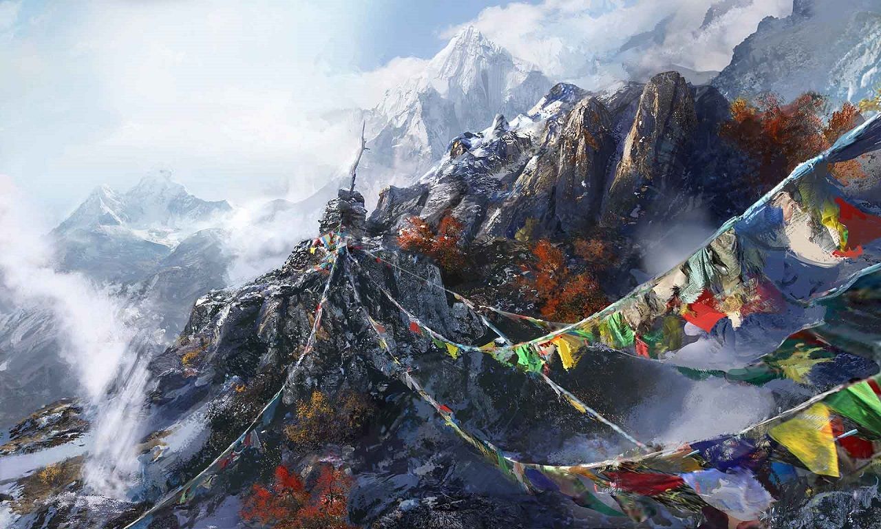 Colorful flags tied between mountain outcroppings in the game Far Cry 4.