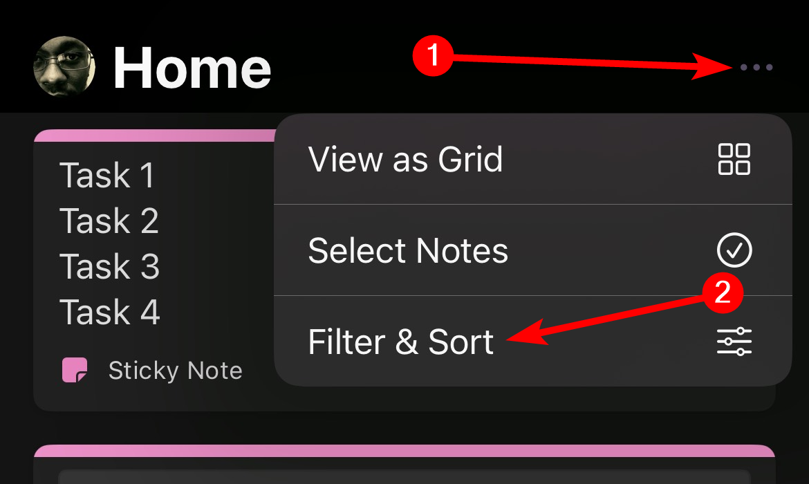 Filtering notes in the OneNote app on iPhone.