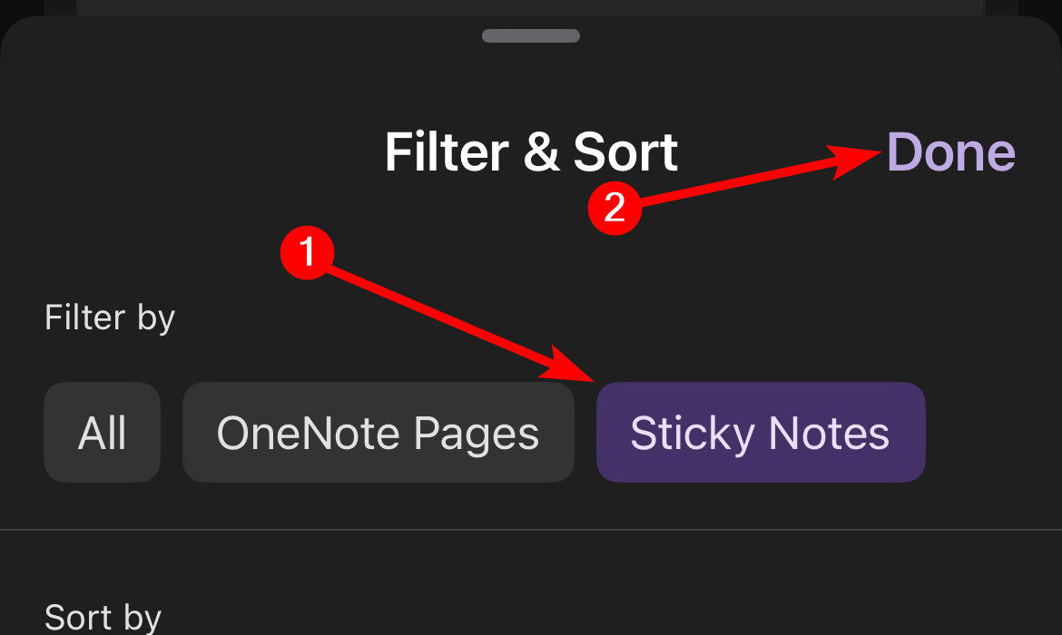 Selecting the "Sticky Notes" filter in the OneNote app on iPhone.