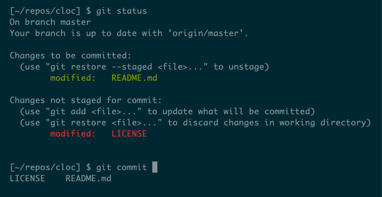 Tab completion from git commit showing two modified files.