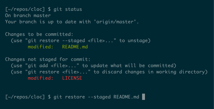 The git restore command auto-completing a filename which is the only one that can be restored.