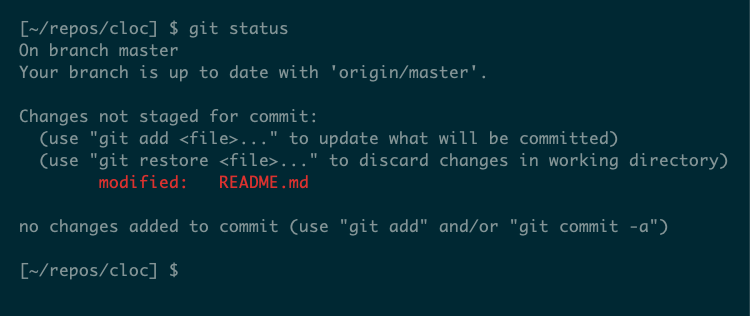 Example output from the git status command showing a file, README.me, has been modified.