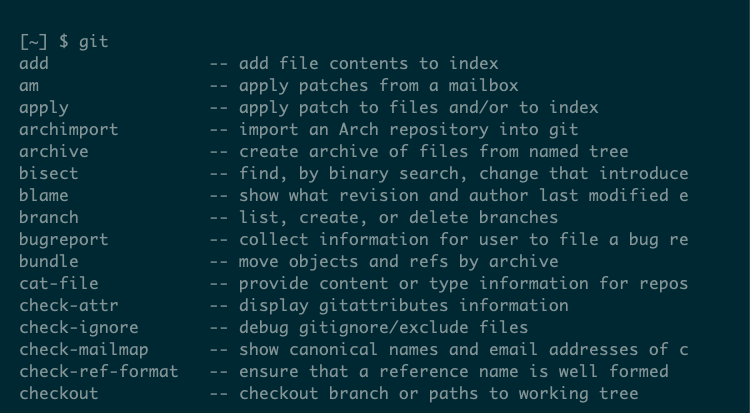 The git command shows a list of subcommands, including add, blame, and checkout when tab is pressed.