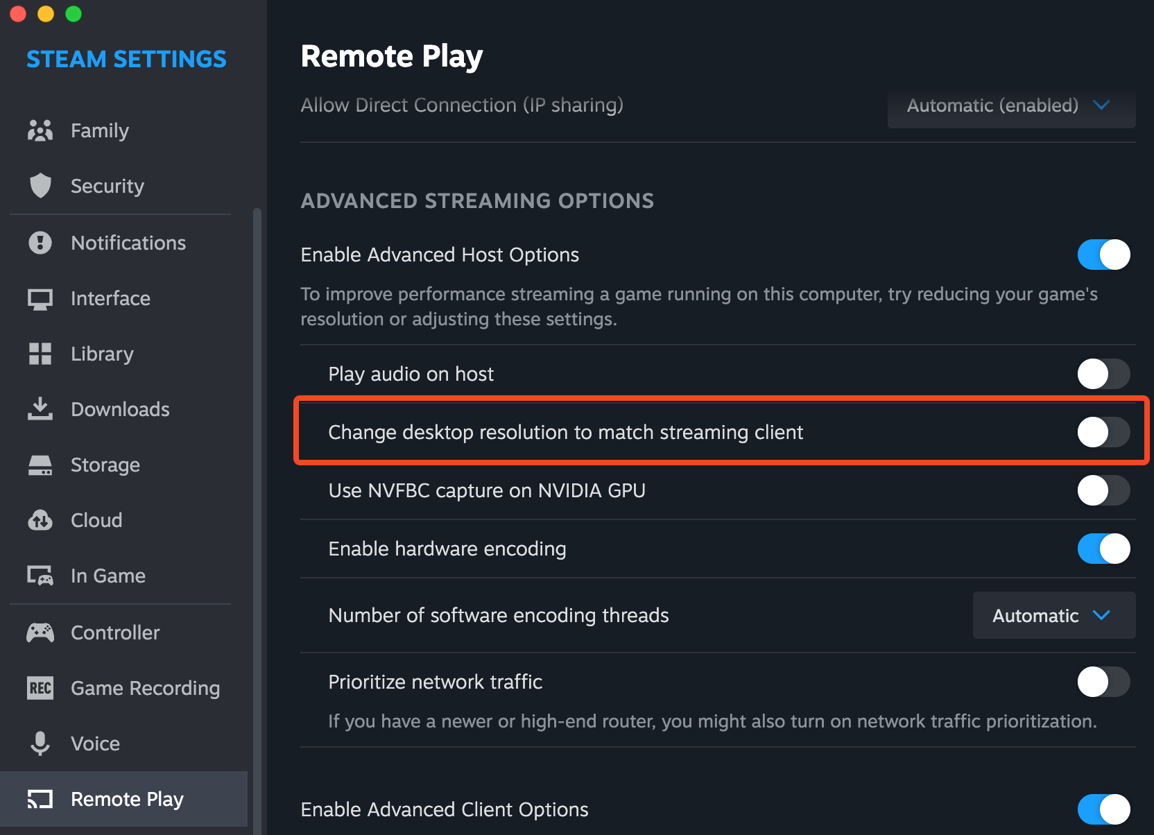 Steam Remote Play options tab. 