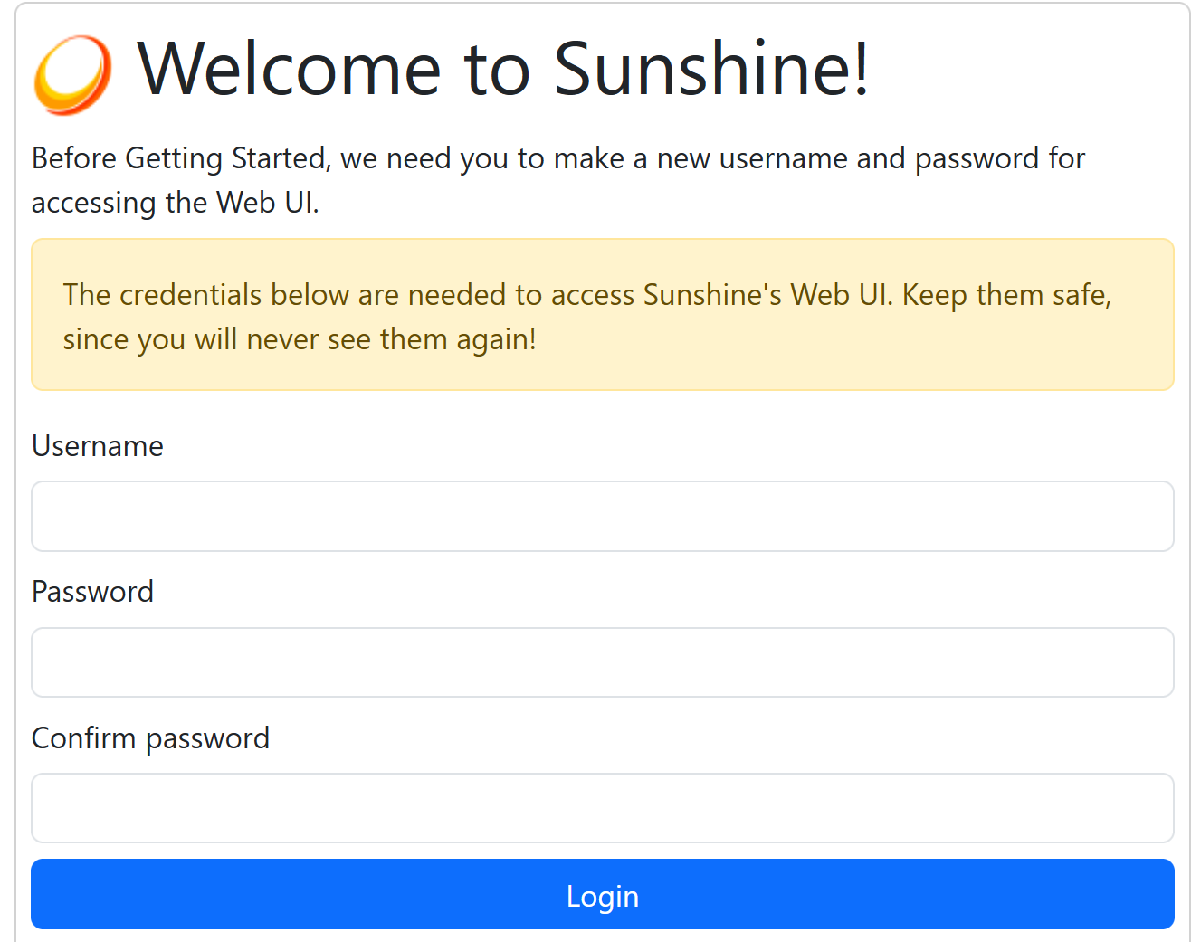 Sunshine Web UI Login screen. 