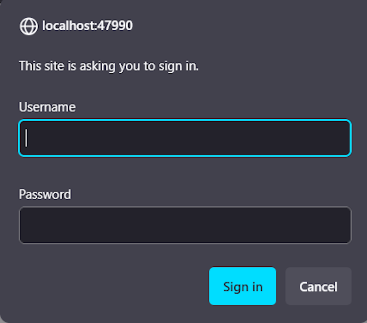 Sunshine Web UI Login Prompt. 