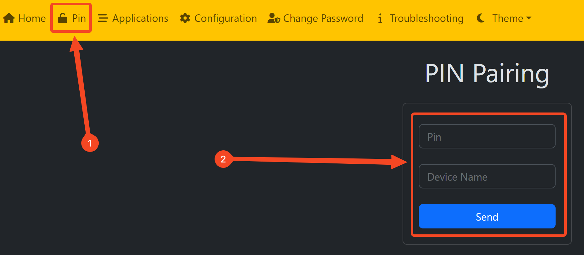 Sunshine Web UI PIN pairing tab. 