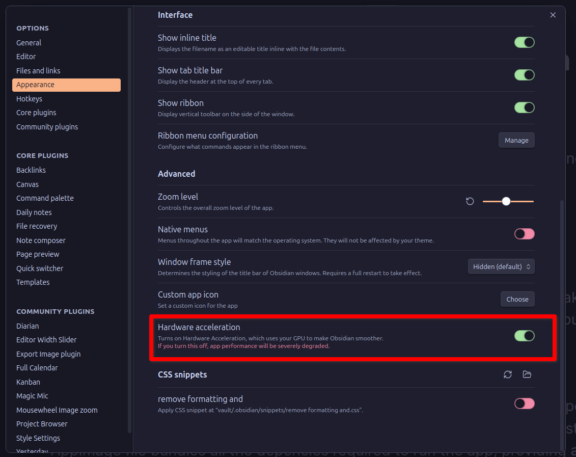 Отключение аппаратного ускорения в настройках Obsidian