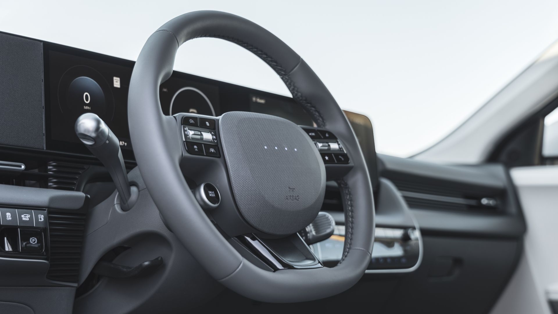 Interior shot of the steering wheel in a 2025 Hyundai Ioniq 5