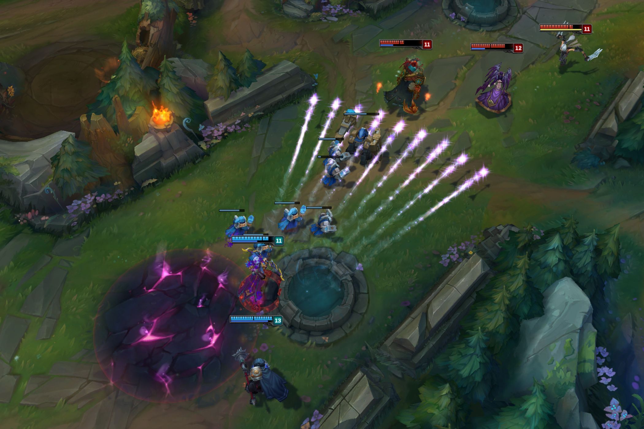 League of Legends gameplay with action and abilities used.