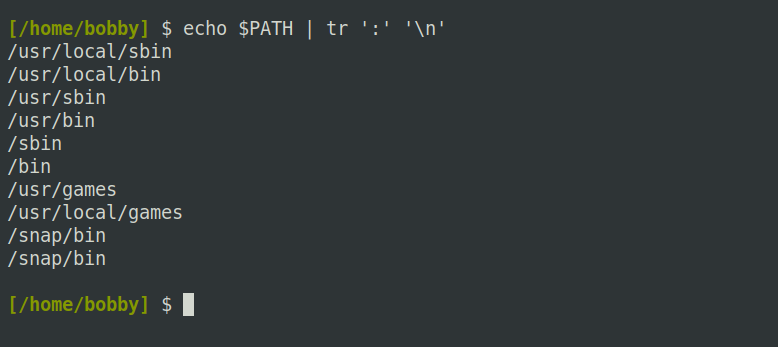 Individual paths from the PATH variable, one per line.