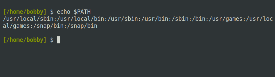 A terminal showing the value of the PATH variable, a long string of colon-separated paths including /usr/bin and /sbin.