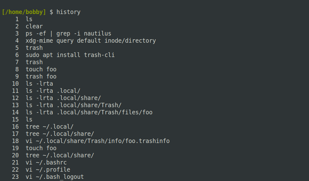 Sample output from the Linux history command showing a list of numbered commands.